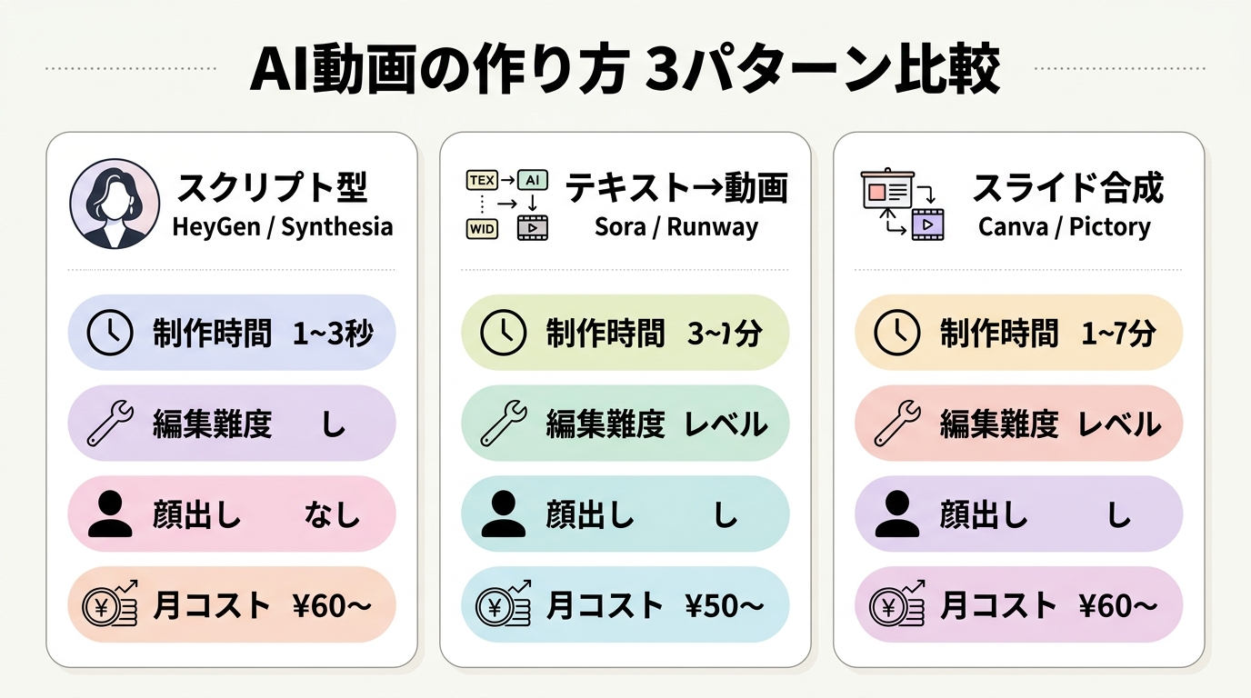 AI動画の作り方 3パターン比較