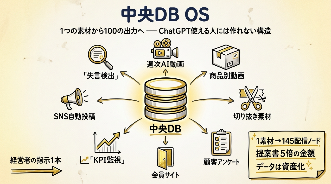 AIエージェント設計の本質は『中央DB OS』｜動画100本作っても売上ゼロの理由と『1素材→100出力』アーキテクチャ全公開