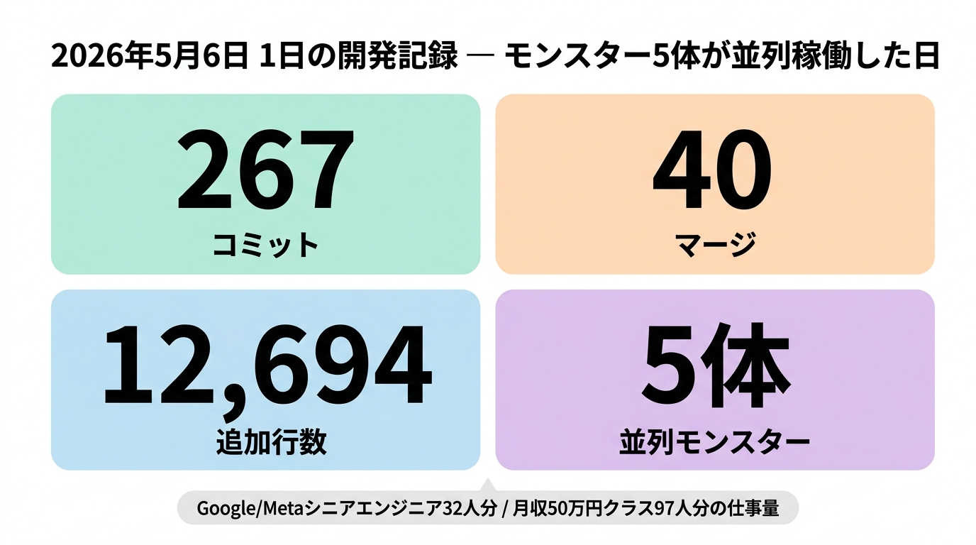 2026年5月6日 1日の開発記録 — モンスター5体が並列稼働した日