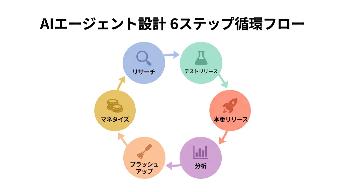 AIエージェント設計 6ステップ循環フロー図
